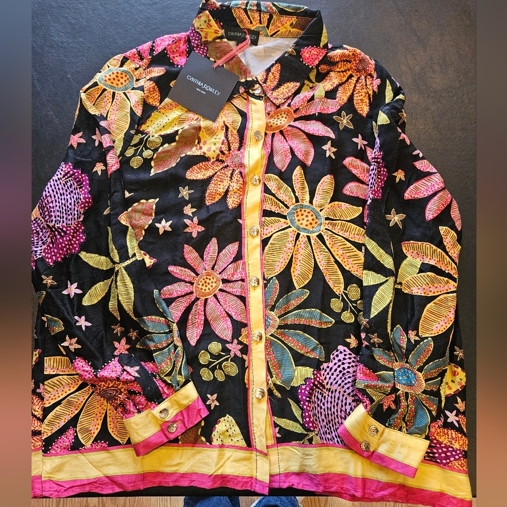 Cynthia Rowley Black Floral Button-Up Blazer with Pink & Yellow Accents